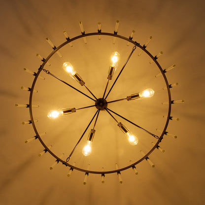 Wellmet Black and Gold Chandelier, Modern Dining Room Chandelier with Glass Rods 45", Farmhouse Wagon Wheel Light Fixtures Ceiling Hanging Pendant Lighting for Living Room, Kitchen, Foyer, Bedroom