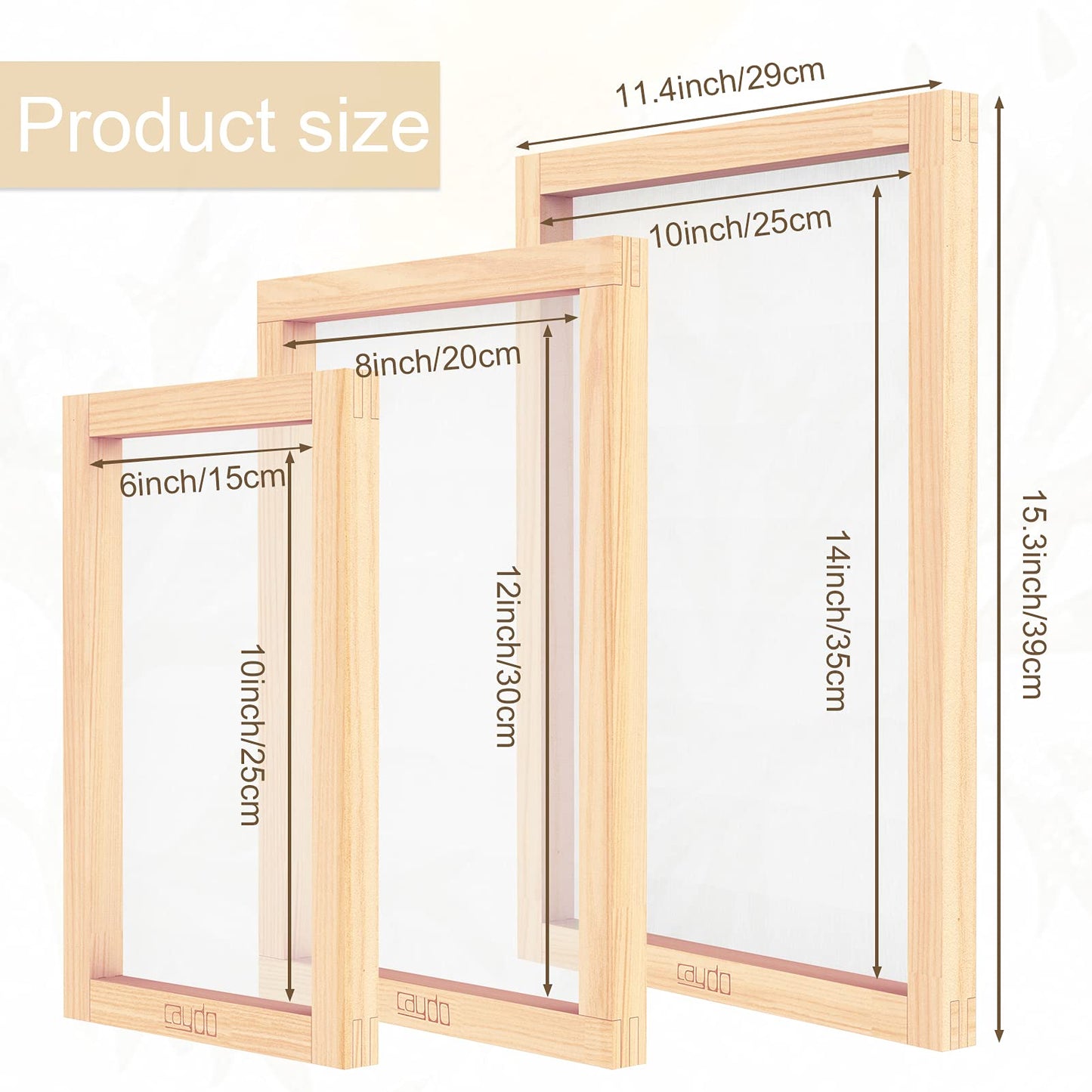 Caydo 6 Pieces 3 Size Wood Silk Screen Printing Frame with Mesh for Screen Printing, 10 x 14 Inch, 8 x 12 Inch, 6 x 10 Inch