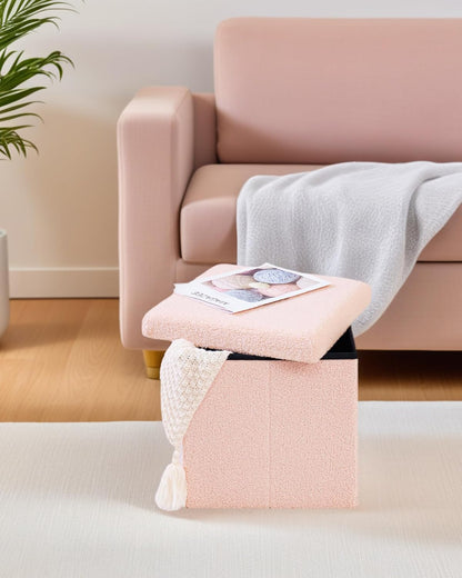 15"x15"x15" Square Ottoman with Storage, Small Sherpa Storage Ottoman Cube, Boucle Folding Foot Rest for Dorm, Living
