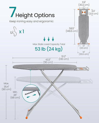 SONGMICS Ironing Board - Foldable & Height Adjustable with Retractable Iron Rest | 43 x 13 Inches, Dove Gray