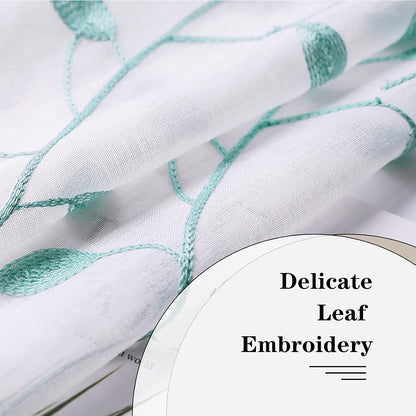 MRTREES Sheer Tier Curtains, Christmas Kitchen Tiers Rod Pocket, Leaf Embroidery Bathroom Curtain Panels, Aqua Blue
