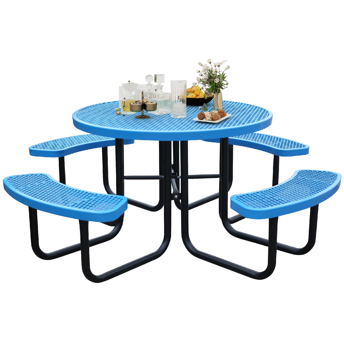 Sunnibety 8-Person Picnic Tables for Outdoors, Industrial 46" Expanded Metal Round Picnic Table with 4 Benches & Umbrella Hole, Outside Table and Bench Set for Park, Garden, Backyard, Patio, Blue