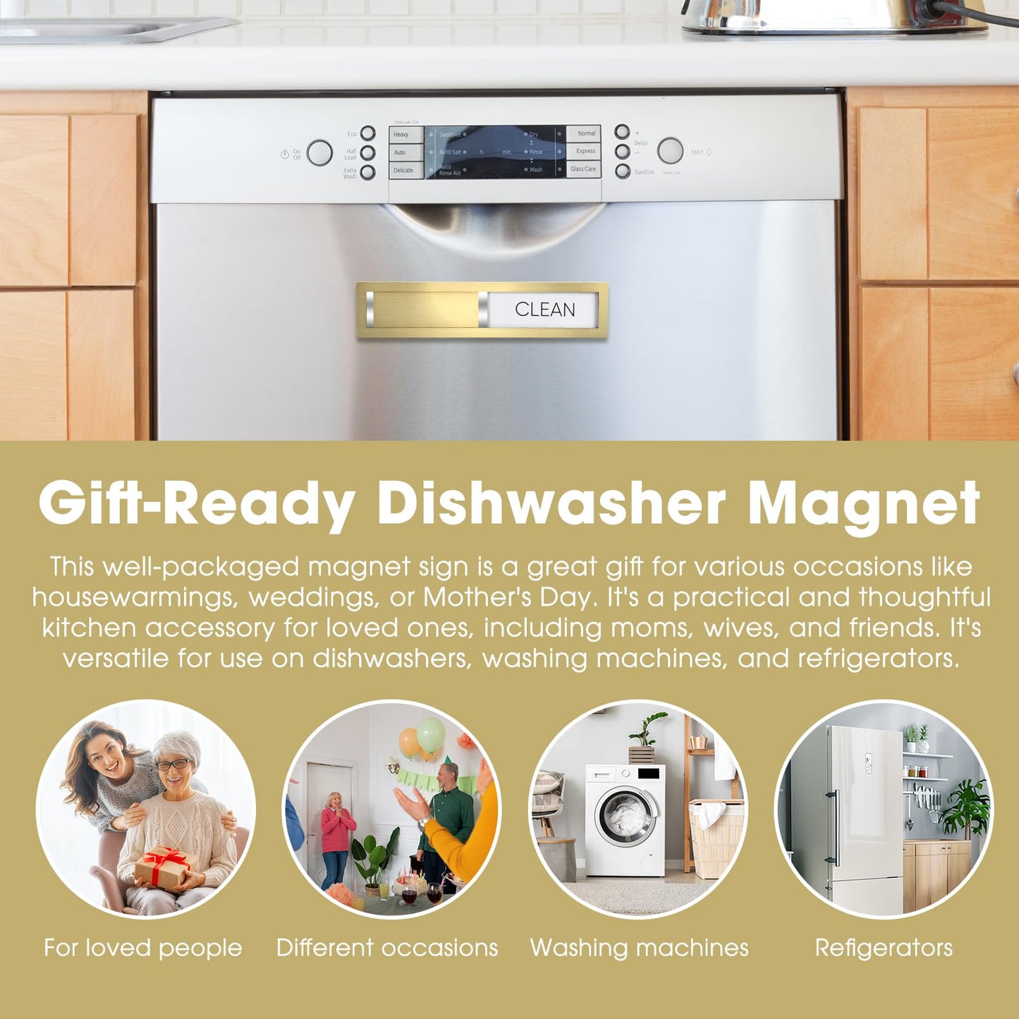 Clean Dirty Magnet for Dishwasher, Premium Stainless Steel 304, Dirty Clean Dishwasher Magnet for Kitchen Decor, Dishwasher Accessory, Birthday Gift for Mom Women Friend (Golden-03)