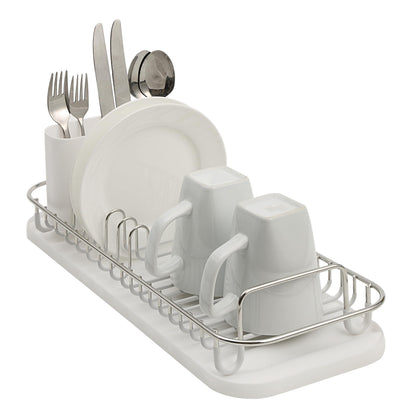 SunnyPoint 304 Stainless Steel NeverRust Compact Dish Drying Rack with Utensil Holder & Removable Drain Tray, Rustproof Small Dish Rack for Kitchen Countertop or Over Sink (Metallic Silver, Compact)