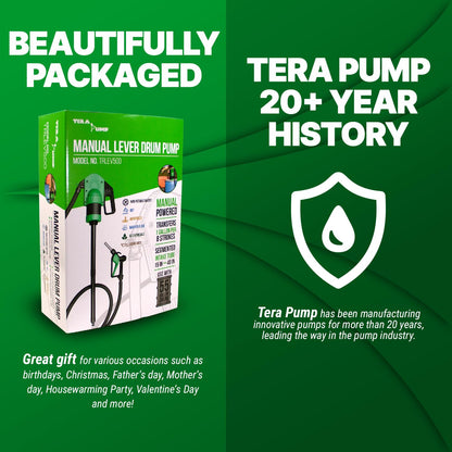 TERA PUMP Manual Lever Action Pump w/Gas Pump Style Nozzle for DEF, Antifreeze, Windshield Washer & Agricultural Chemicals, 15-55 Gallon Drum Barrel Pump w/ 10 ft Hose (8 oz per Stroke)