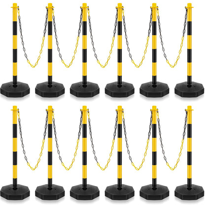 Konohan 12 Sets 34 Inch Parking Cone Delineators Post Traffic Cone Plastic Stanchion Set Stands Parking Barrier with Base 6.6 ft Chain S Hooks Reflective Collar (Yellow,Black)