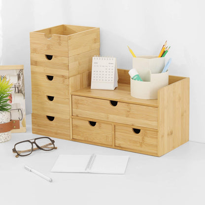 Wisuce Bamboo Desk Drawer Organizer, Desktop Organizer with Drawers Tabletop Storage Organization Box for Office Home Toiletries Supplies Vanity, No Assembly Required(1 with shelf-3 Drawers)