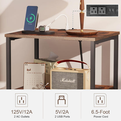 X-cosrack Side Table with Charging Station, End Table with USB Ports and Outlets, Nightstand with Storage Shelves