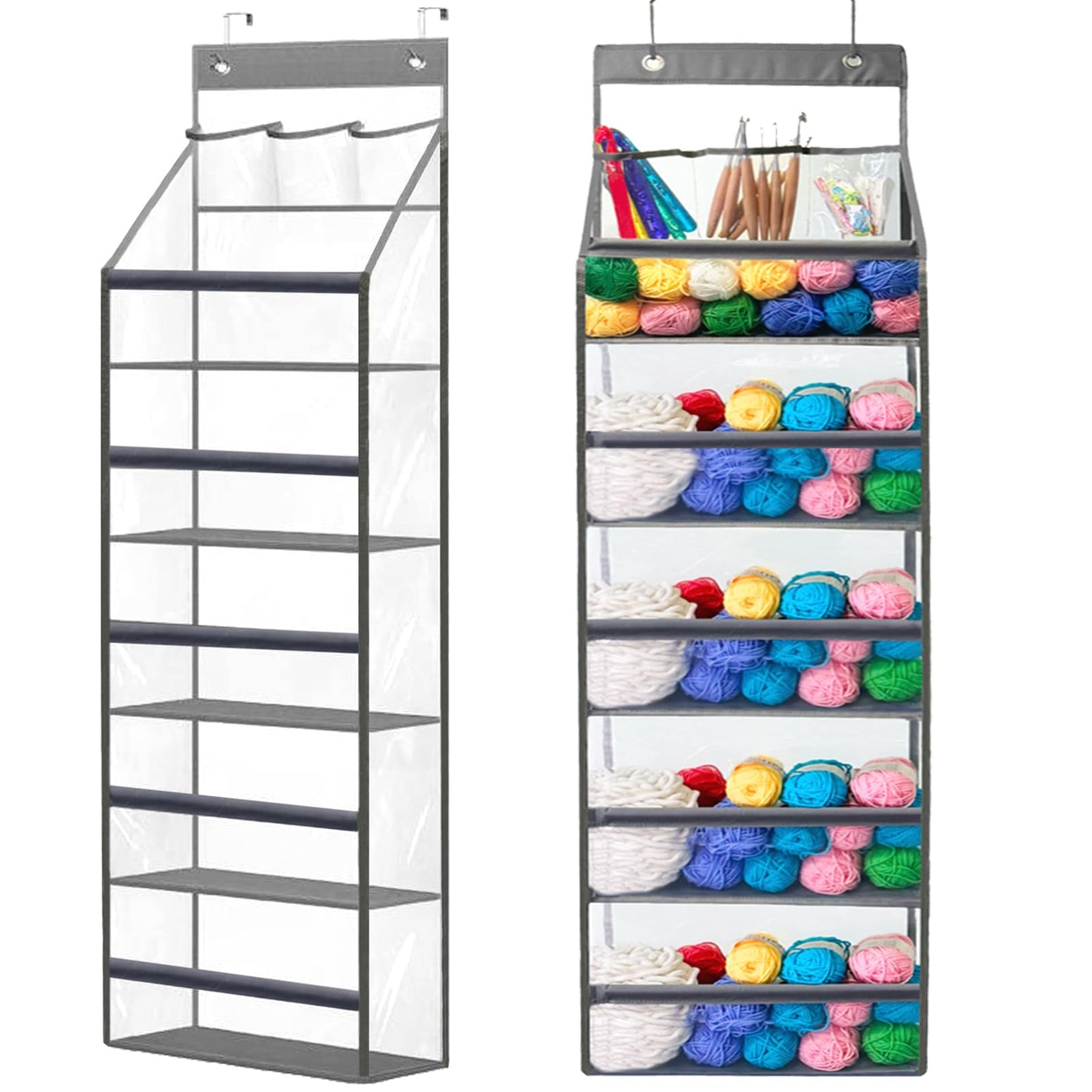 Hobekoee Hanging Yarn Storage Organizer,Large Capacity Yarn Storage Bag with 5 Yarn Balls Storage Pockets & 3 Top Crochet/Knitting Needles Pockets,Transparent Door Hanging Knitting Organizer Storage