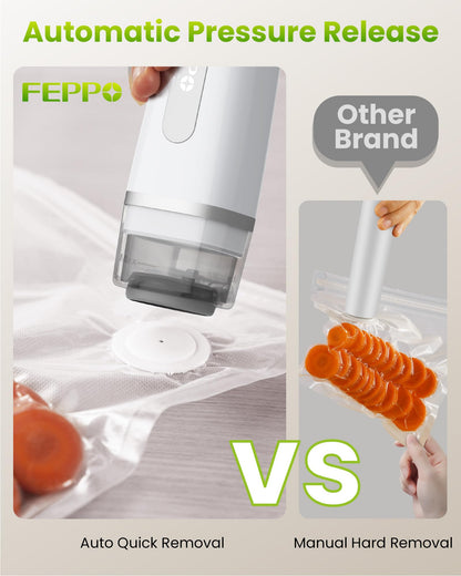 FEPPO Vacuum Sealer for Food with Visible Water Tank, Handheld Saver Compact Vacuum Sealer Machine with 30 Reusable Bags for 6X Preservation & Fresh, White