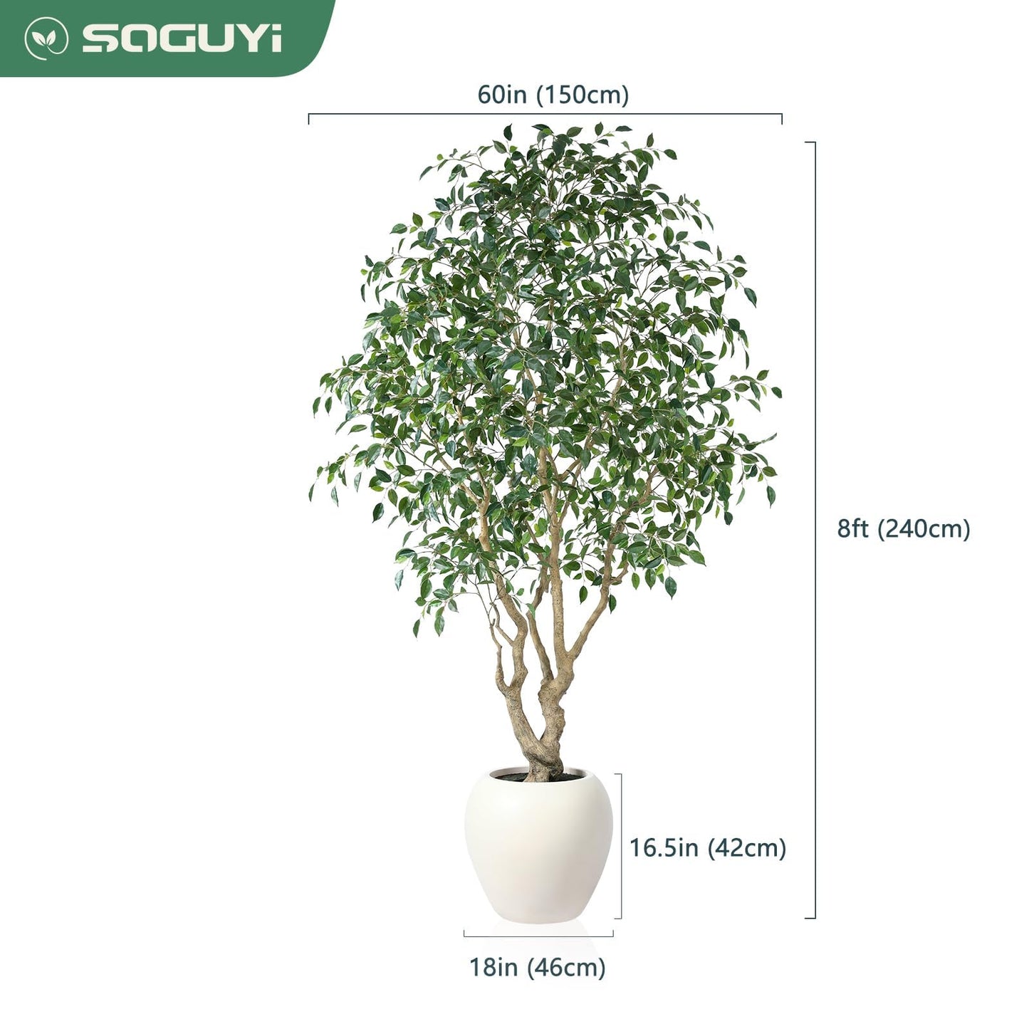 SOGUYI Ficus Tree Artificial Indoor, 8 Feet Tall Faux Ficus Tree with Round Artisan Planter, Premium Handmade, Realistic Trunk & Lifelike Leaves, Perfect for Large Spaces & Elegant Home/Office Decor