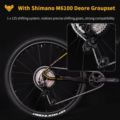 TRIFOX Carbon Fiber Mountain Bike with Shimano M6100 Deore Groupset 12-Speed,Carbon Fiber Frame,Hydraulic Fork 130mm Travel,29er Mountain Bike for Adult 17/19 inch (Obsidian Yellow, 29er * 19 inch)