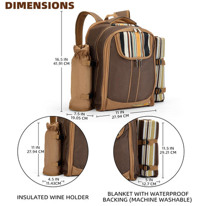 apollo walker Picnic Backpack Bag for 2 Person with Cooler Compartment, Detachable Bottle/Wine Holder, Fleece Blanket, Plates and Cutlery(2 Person, Brown)