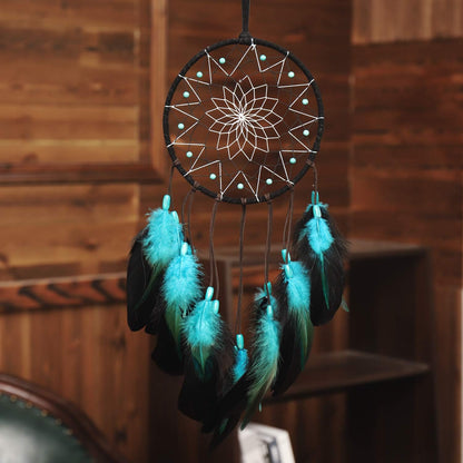Dream Catcher with Bicolor Mesh, Handmade Dark Tone Dreamcatcher with Black and Turquoise Feather Wall Hanging