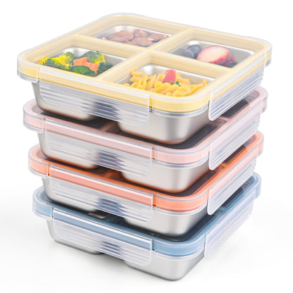 4 Pack Stainless Steel Snack Containers with Lids, Leakproof 4 Compartment Bento Lunch Boxes, Reusable Metal Meal Prep Food Storage Containers, Dishwasher Safe for Work, Travel, Picnic (4pack-A)