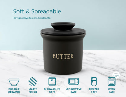 Kook Butter Crock with Lid, Soft Spreadable Butter, Ceramic French Butter Keeper to Leave On Counter with Water Line, Butter Dish, Home and Kitchen Decor, Perfect for Christmas Gift (Black)