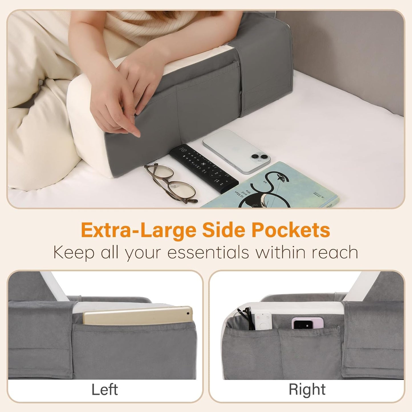 21" 60 Vekkia Reading Pillow for Sitting in Bed Ergonomic Wedge Back Pillow, XL Side Pockets, Support Chair for TV