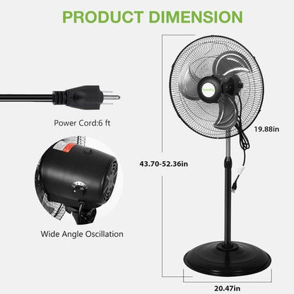 Hykolity 18" High Velocity Pedestal Oscillating Fan - 3850 CFM, 3-Speed Heavy Duty Metal Design for Garage & Commercial Use