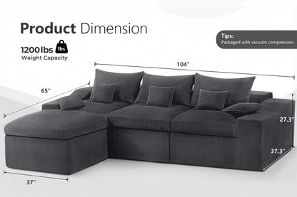HABUTWAY 104" L Shaped Cloud Sectional Couch, Boneless Modular Sectional Sofa with Deep Seat, Corduroy Couches for Living Room, Modular Couch, No Assembly Required (Grey)