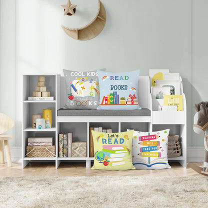 Bonhause Reading Books Throw Pillow Covers 18 x 18 Inch Set of 4 Kids Reading Room Classroom Decorative Cushion Covers for Children Nursery Room Library Decor