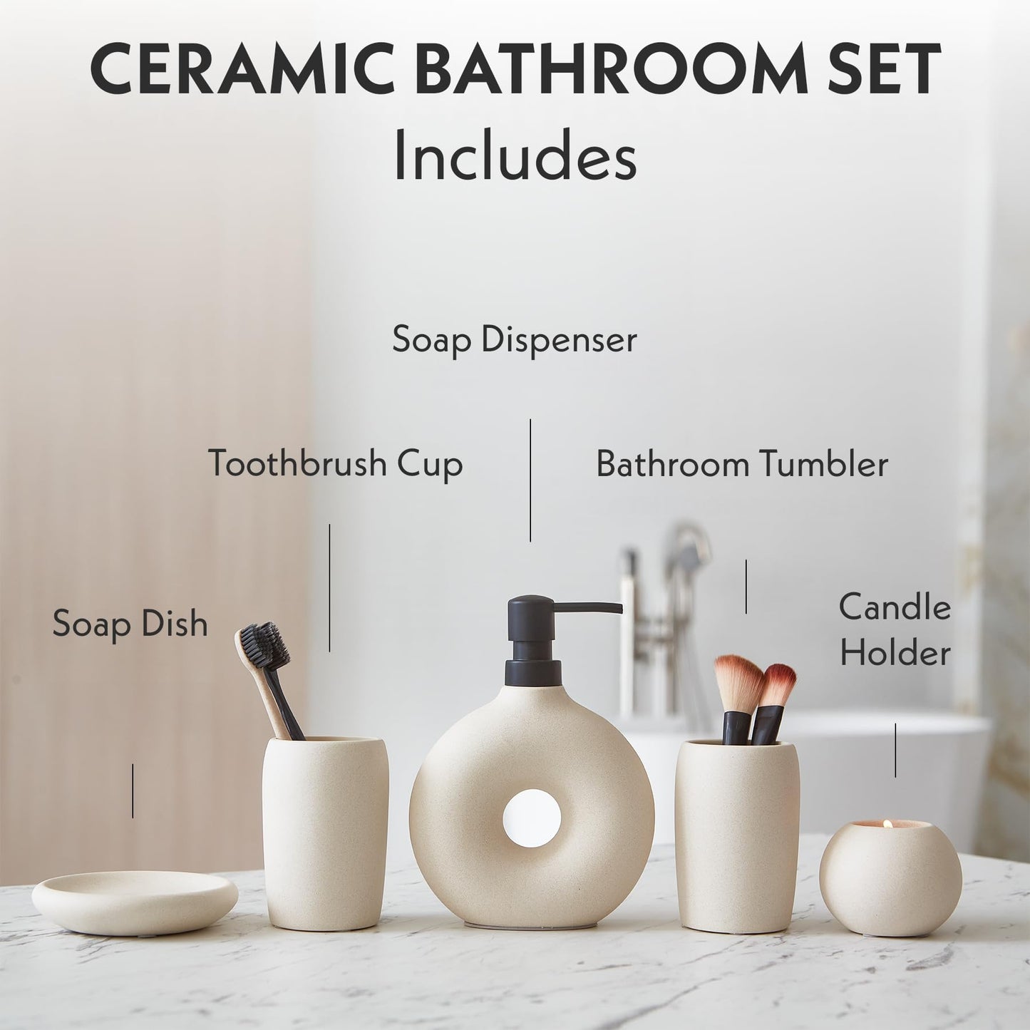Terramoza Ceramic Bathroom Accessory Set, 5 Pcs - Soap Dispenser 16 Oz, Toothbrush Cup, Toothbrush Holder, Soap Dish, Candle Holder - Beige, Boho Bathroom Sink Decor, Modern Countertop Accessories