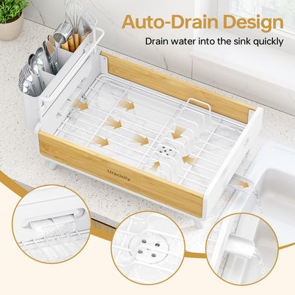 Urackify Dish Drying Rack for Kitchen Counter - Stainless Steel & Bamboo Dish Rack with Large Removable Utensil Holder, Dish Drainer with Adjustable Automatic Spout, White