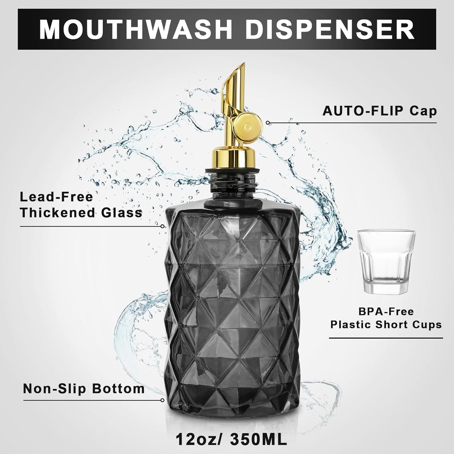 12 OzClear 1 Pack Mouthwash Dispenser for Bathroom, Luxury Diamond Glass Mouth Wash Container, Glass Mouthwash