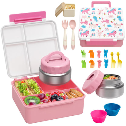 Bento Lunch Box with 9.5 oz Soup Thermo, Kids Leakproof 4 Compartments Bento Box with Silicone Cupcake,Fruit Fork,Spoon and Sauce Cup,Insulated Food Jar for School Travel-Rainbow Horse