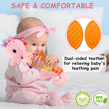 Fuzqq Baby Girl Toys 0-6 Months,Musical Stuffed Animal Plush Toy with Rattle,Soft Newborn Toy for 0 3 6 9 12 Months Girls,Baby Girl Gift,Pink