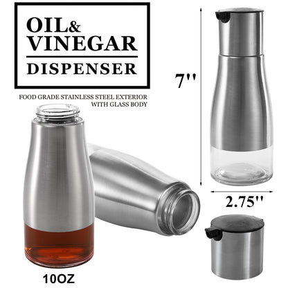 Tebery 2 Pack Silver Olive Oil and Vinegar Dispenser Set, 10OZ Oil Dispenser Cruet with Easy & Drip Free Pouring, Elegant Stainless Steel with Glass Bottom