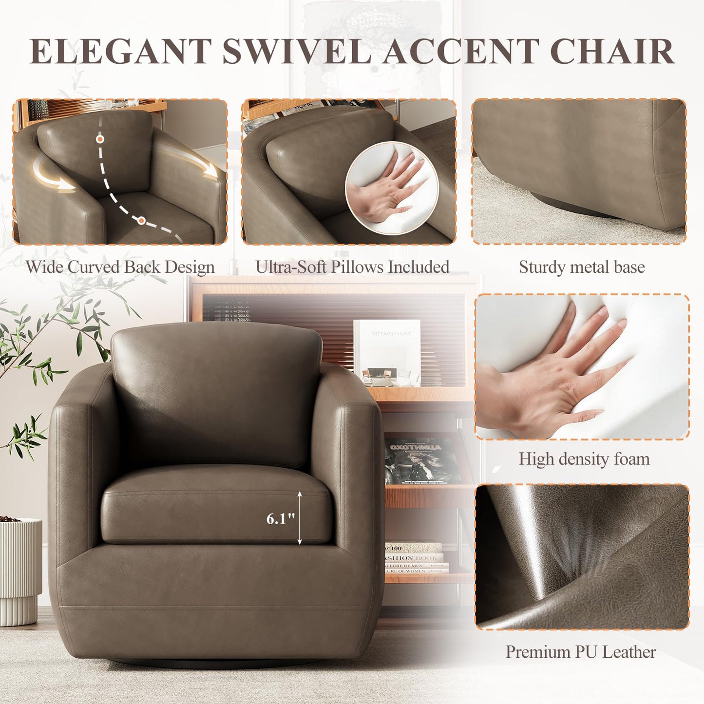 MALOL 360° Swivel Accent Chair Set of 2 with Pillow - Comfy Living Room Armchair No-Sag Foam & Sturdy Metal Base, Fully Assembled Swivel Accent Single Sofa for Bedroom Living Room, Office, Wolf Grey