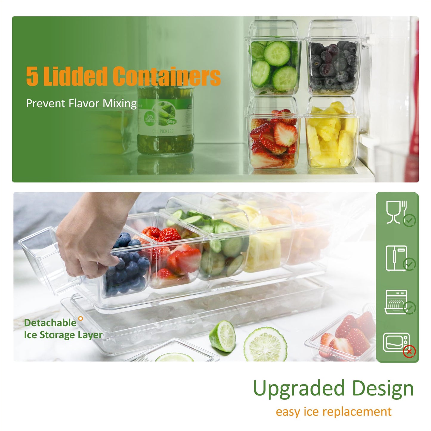 IVYHOME Chilled Condiment Server, Taco Bar Serving Set, Versatile Ice Containers, with 5 Lidded Containers and Detachable Ice Storage Layer, 2 Hanging Cups for Storing Tong and Forks