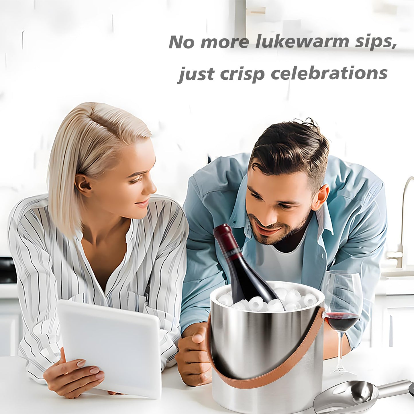 Bakpoco Double-Wall Vacuum Insulated Ice Bucket with Lid, Scoop, Ice Tong, Strainer & Leather Handle Keep Ice Frozen Longer Large Wine Ice Buckets for Cocktail Bar,Parties Chilling Beer Champagne 3L