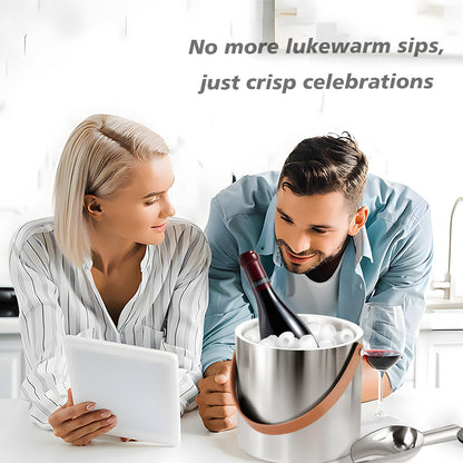 Bakpoco Double-Wall Vacuum Insulated Ice Bucket with Lid, Scoop, Ice Tong, Strainer & Leather Handle Keep Ice Frozen Longer Large Wine Ice Buckets for Cocktail Bar,Parties Chilling Beer Champagne 3L