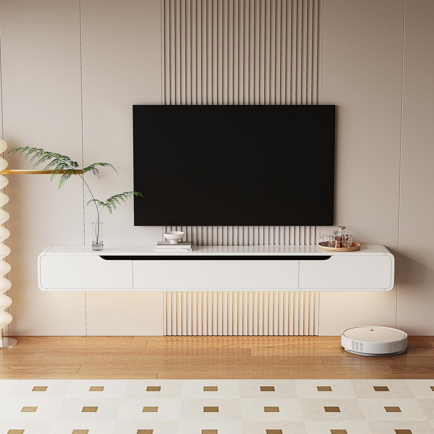 FurniNova High Gloss Floating TV Stand with 3 Doors,47'' Wall Mounted TV Cabinet,Under TV Console,Floating Media Shelft for Bedroom Living Room(White)