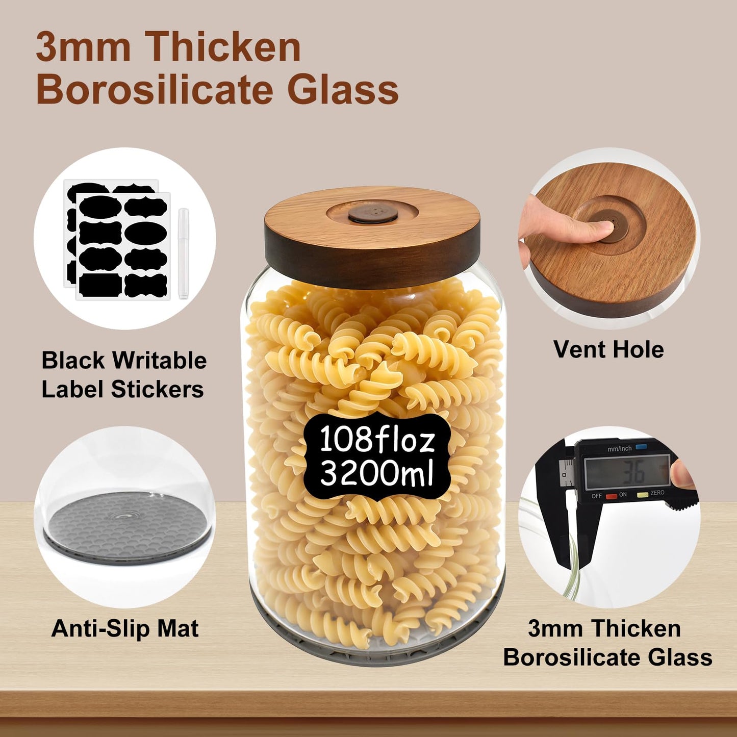 Large Glass Jar of 2 Pack,108floz/3200 ml Glass Canisters with Airtight Lids,Pantry Jar with Anti-Slip Mat and Label, Glass Storage Container for Kithchen Food,Flour,Sugar,Cereal,Rice,Pasta,Oats