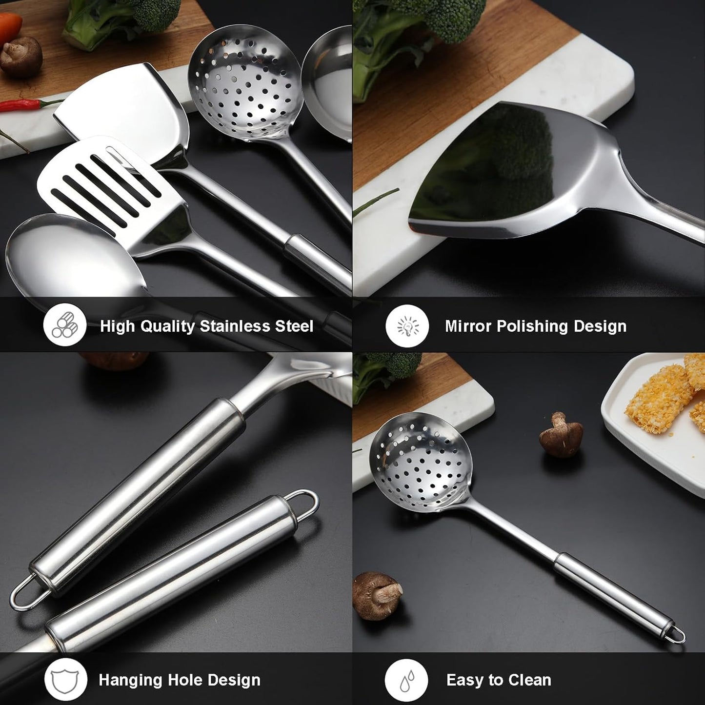 Stainless Steel 5-Piece Utensil Set: Heat Resistant Cooking Tools, Slotted Spoon, Spatula, Large Spoon