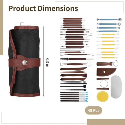 8 Pcs Pottery Tools Kit with Roll-Up Storage Bag, Clay Carving Set, Professional Ceramic Sculpting Modeling Instruments for Beginners & Expert Artists, Wood Metal Plastic Materials
