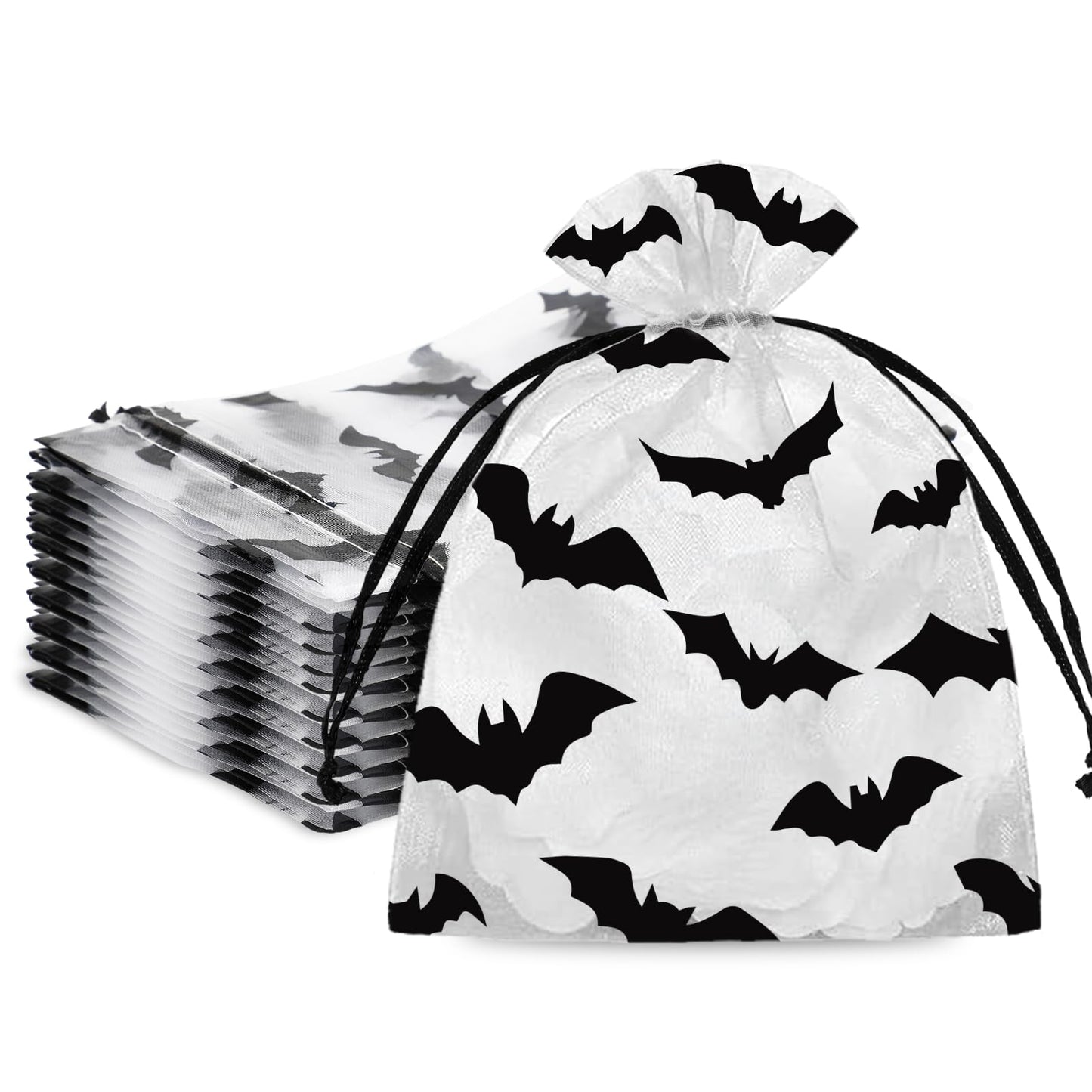 JarThenaAMCS 100Pcs Halloween Organza Bags Black Bat Drawstring Mesh Gift Bags Jewelry Pouch Bag for Holiday Birthday Party Supplies, 4 x 6 Inch