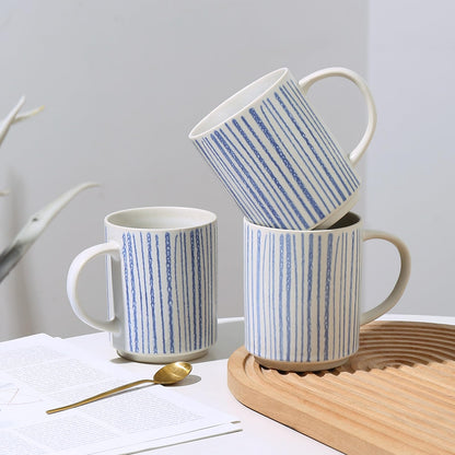 ALOFMO Ceramic Mugs Set of 6, Modern 17oz Coffee Mugs, Stackable Coffee Cups with Handpainted Blue Stripe Pattern, Dishwasher and Microwave Safe Mugs for Home & Office