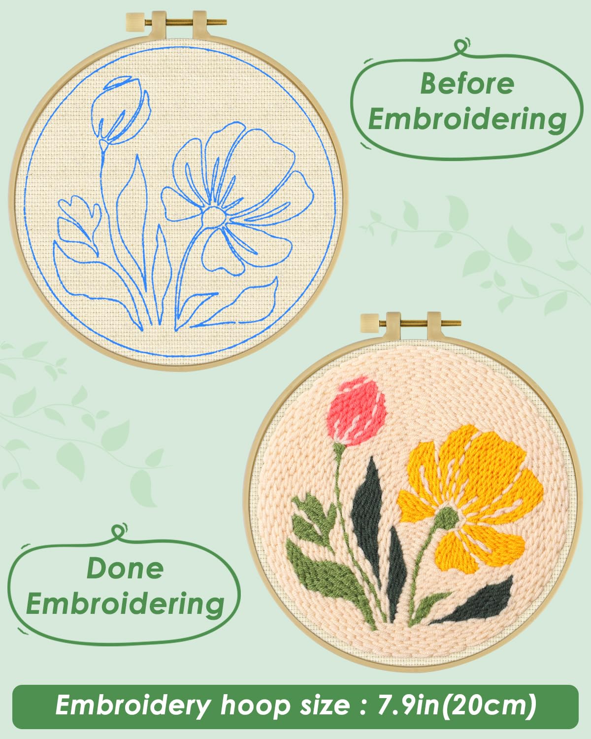 ERKOON Punch Needle Kit Adults Beginners, DIY Easy Floral Embroidery Set for Starter Art Craft, Needling Punch Project with Patterns, Tools, Yarns, Hoop, Instruction (Rhubarb Flowers)