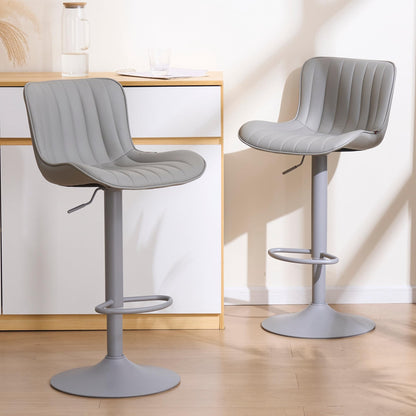 YOUNIKE Grey Bar Stools Set of 2 with Padded Back Adjustable Height Comfy Upholstered Faux Leather Bar Chairs Modern Swivel Kitchen Counter Barstools for Home Breakfast Island