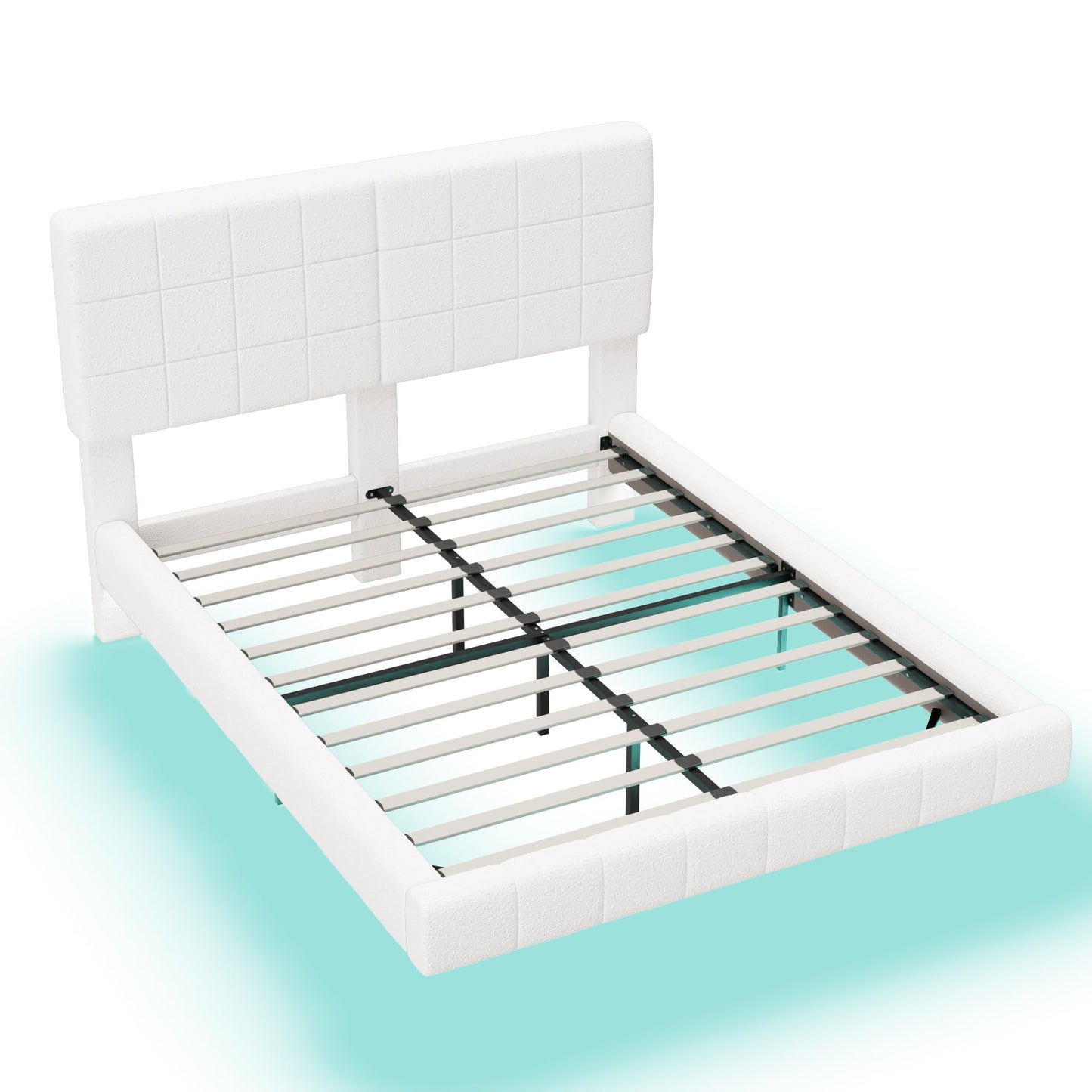 Christopher Knight Home Borden Floating Bed Frame Queen Size with Lights, Boucle Queen Size Platform Bed Frame with Headboard, Modern Floating Queen Bed Frame,No Box Spring Needed,Easy Assembly, White