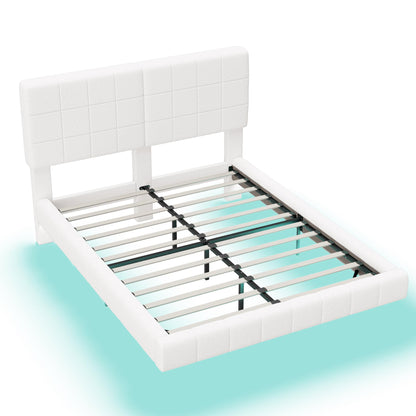 Christopher Knight Home Borden Floating Bed Frame Queen Size with Lights, Boucle Queen Size Platform Bed Frame with Headboard, Modern Floating Queen Bed Frame,No Box Spring Needed,Easy Assembly, White