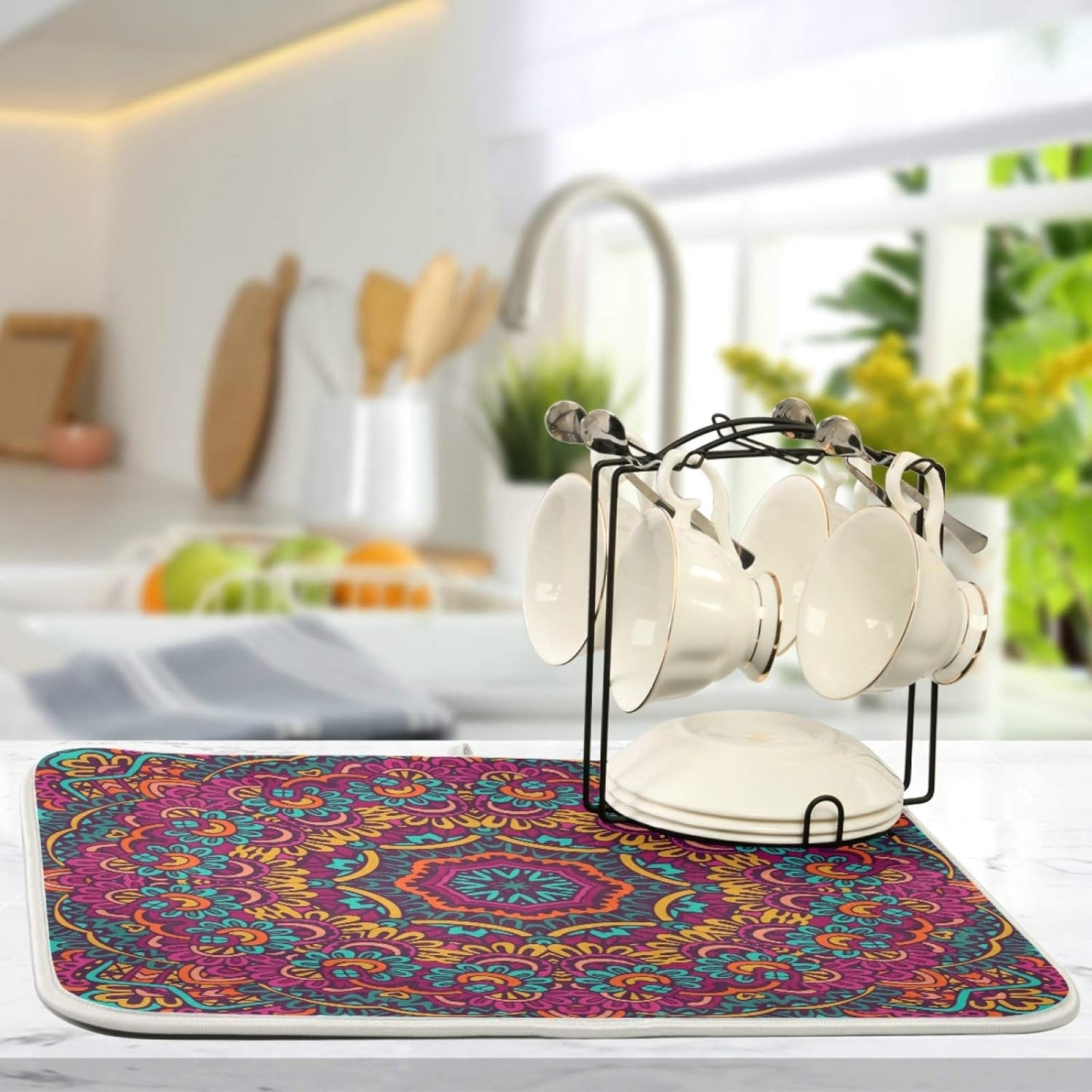 Boho Ethnic Dish Drying Mat - Bohemian Mandala Paisley Kitchen Countertop Mat, 16 x 18 Inch Absorbent