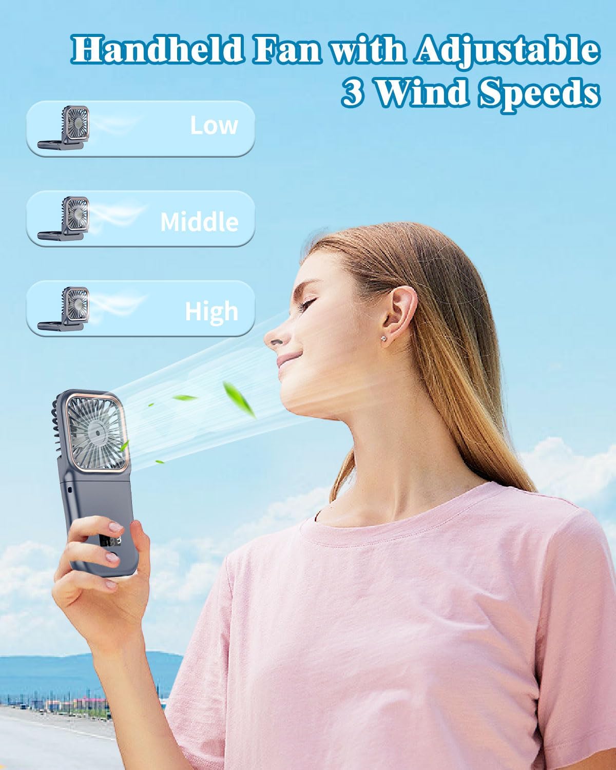 Portable Fan Rechargeable, Handheld 4000mAh Battery Operated Fan with Digital Display, Mini Pocket Fan for