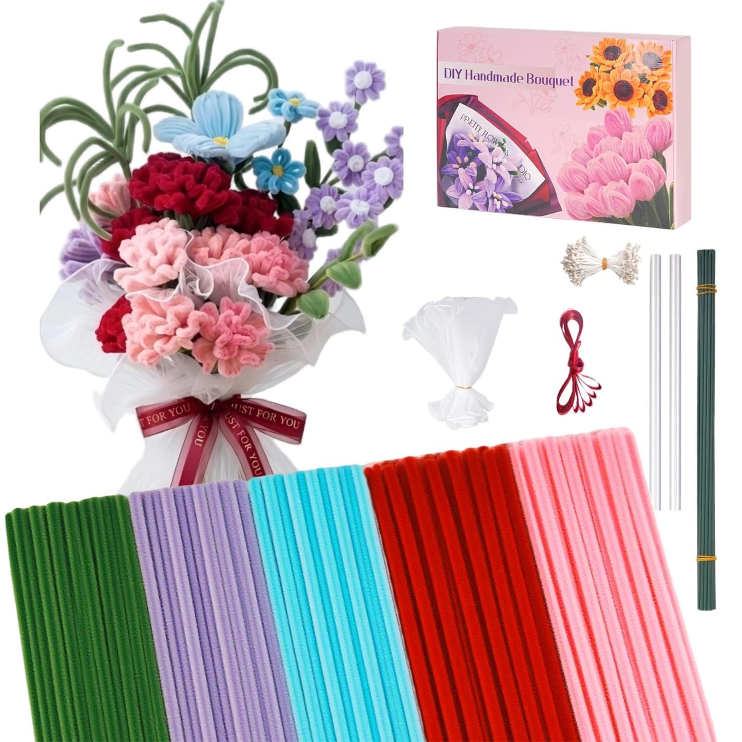 SZXYMUQI 500pcs Pipe Cleaners Craft Kit, 20 Stems DIY Carnation with Wave Gauze & Ribbon - Non Shedding Chenille Stems for Floral Arrangement - Mother's Day Bouquet Crafts for Adult Women