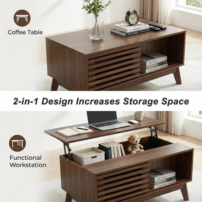 KEIKI Lift Top Coffee Table, Mid-Century Modern Tea Tables with Hidden Storage, Slatted Sliding Door Center Drink Desk w/Lifting Top, Accent Side Cafe Desks for Living Room, Easy Assembly, Walnut