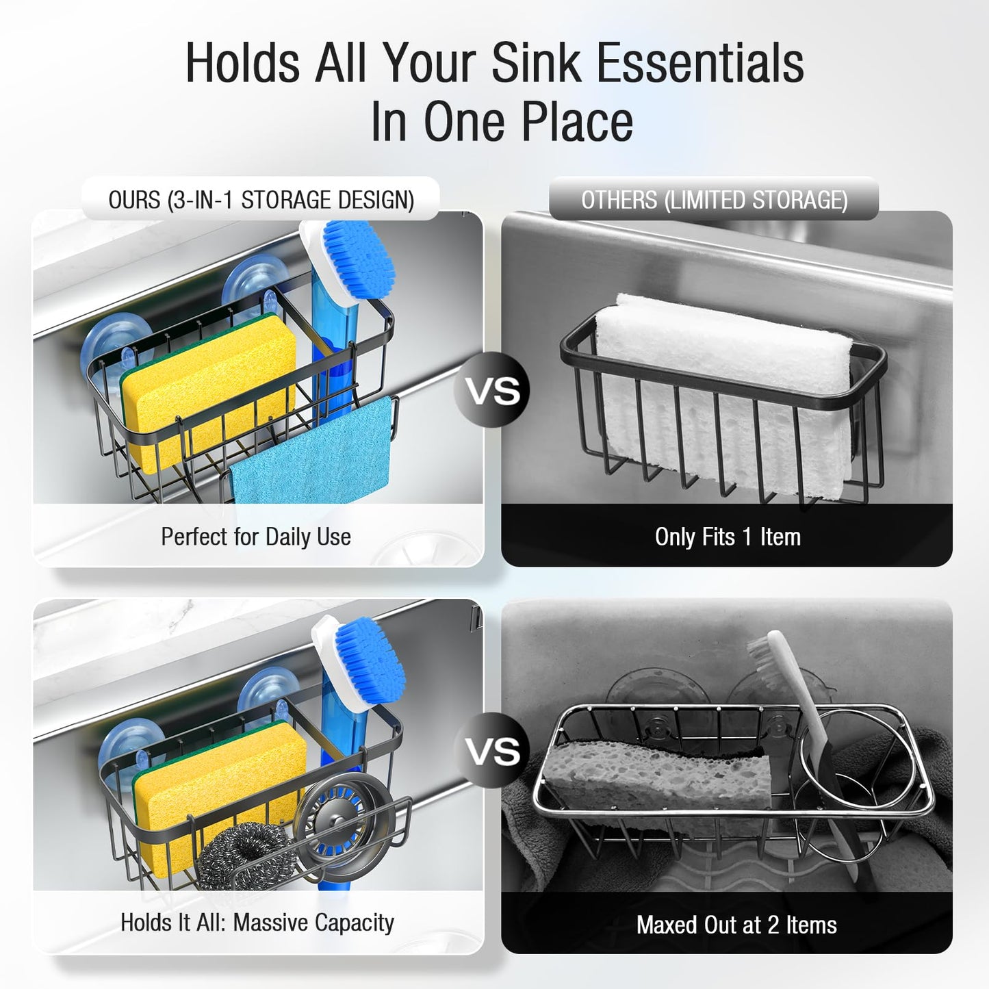 HOKEMOM 3-in-1 Kitchen Sink Caddy Organizer with Sponge Holder, Brush Holder, Extra Rack for Scrubber, Sink Stopper, Dish Cloth Hanger - Strong Dual Suction Cup, 2.0mm SUS304 Stainless Steel - Black