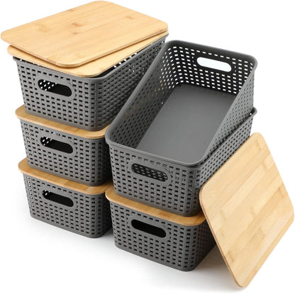 Storage Bins with Bamboo Lids - Set of 6 Lidded Plastic Baskets for Organizing Kitchen, Bedroom, Office, Closet